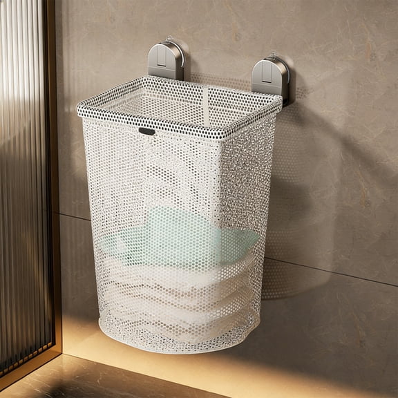Suction Cup Laundry Basket Wall Mounted | Foldable Mesh Dirty Clothes Storage Bin | No Drill Plastic Hamper | Ventilated Space-Saving Bathroom Organizer | Gray White 20.1"x10.94"x8.1"