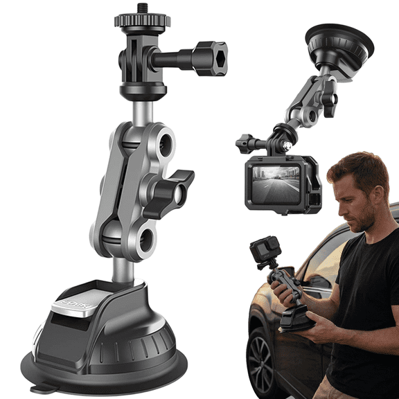 Suction Cup Mount Compatible with Insta360 Action Cameras and Pocket Gimbals Heavy Duty Car Windshield Dashboard Window Camera Holder with Phone Clip 1/4 Aluminum Head for Vlogging Travel Adventure