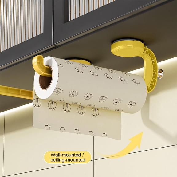 Suction Cup Paper Towel Holder, No-Drill Under Cabinet Roll Rack, Wall Mounted Hanging Bar for Kitchen Wrap & Foil, Renter Friendly Upgrade, Yellow