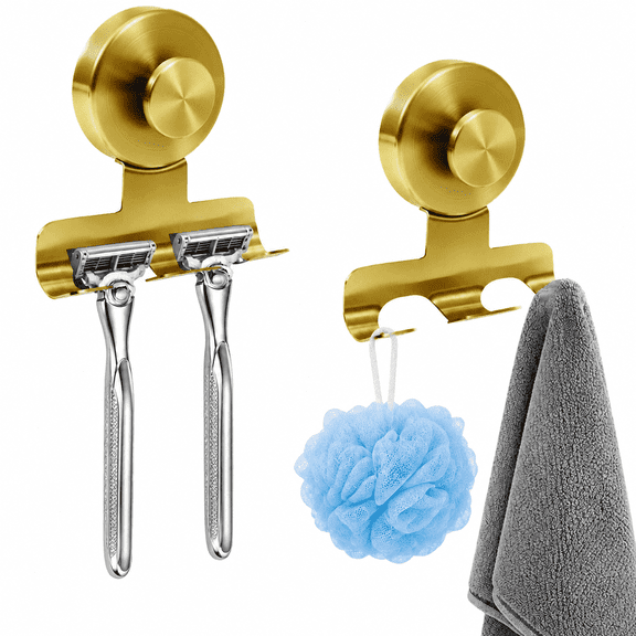 Suction Cup Razor Holder, Removable Damage-Free Metal Shower Hooks 7KG Strong Hold, 2 Pack Brushed Gold