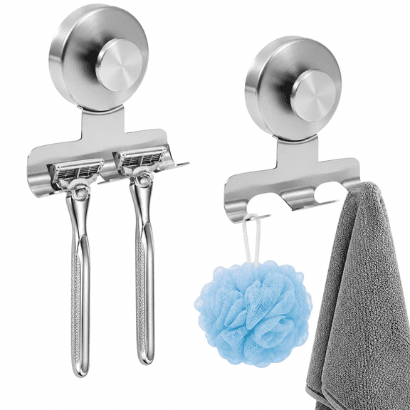 Suction Cup Razor Holder, Removable Damage-Free Metal Shower Hooks 7KG Strong Hold, 2 Pack Brushed Silver