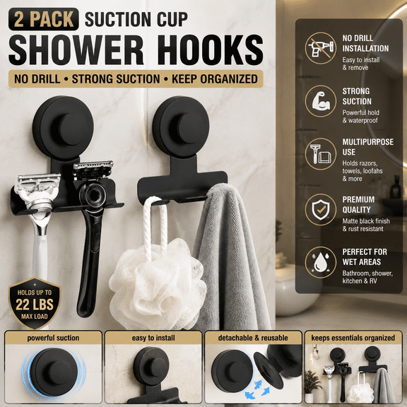 2 pack Suction Cup Shower Hooks, Waterproof Bathroom Organizer for Razors, Towels and Loofahs, Matte Black