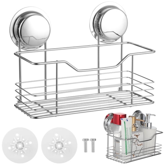 Strong Suction Shower Caddy, Stainless Steel Shower Basket with Dual Suction Cups, Rust-Free Wall Mounted Bath Shelf Organizer with Adhesive Mount for Bathroom Kitchen Storage