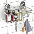 thumbnail image 1 of Suction Cup Shower Caddy Basket for Shampoo, Shower Suction Shelf Organizer, Basket with Soap Holder and Hooks, Stainless Steel Shampoo Holder for Bathroom Storage (Chrome), 1 of 7