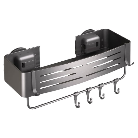 Suction Cup Shower Caddy, No Drill Bathroom Organizer with 6 Hooks Towel Bar, 20LB Capacity Aluminum Shower Shelf for Bathroom Wall, Shower Storage Rack