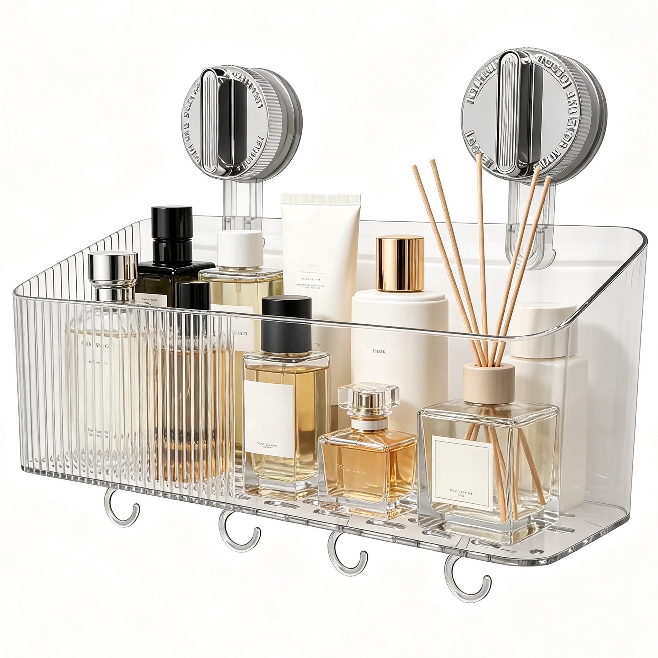 Suction Cup Shower Caddy, Clear Transparent Shower Shelf with Drainage Hole & Removable Hooks, No Drill Wall‑Mounted Bathroom Organizer for Bathroom, Kitchen, Toilet
