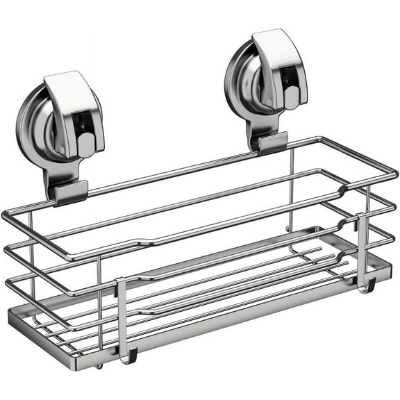 Suction Cup Shower Caddy, Shower Shelf Soap Dish with Hooks for Razor, Sponge, Rust Proof 304 Stainless Steel, Silver