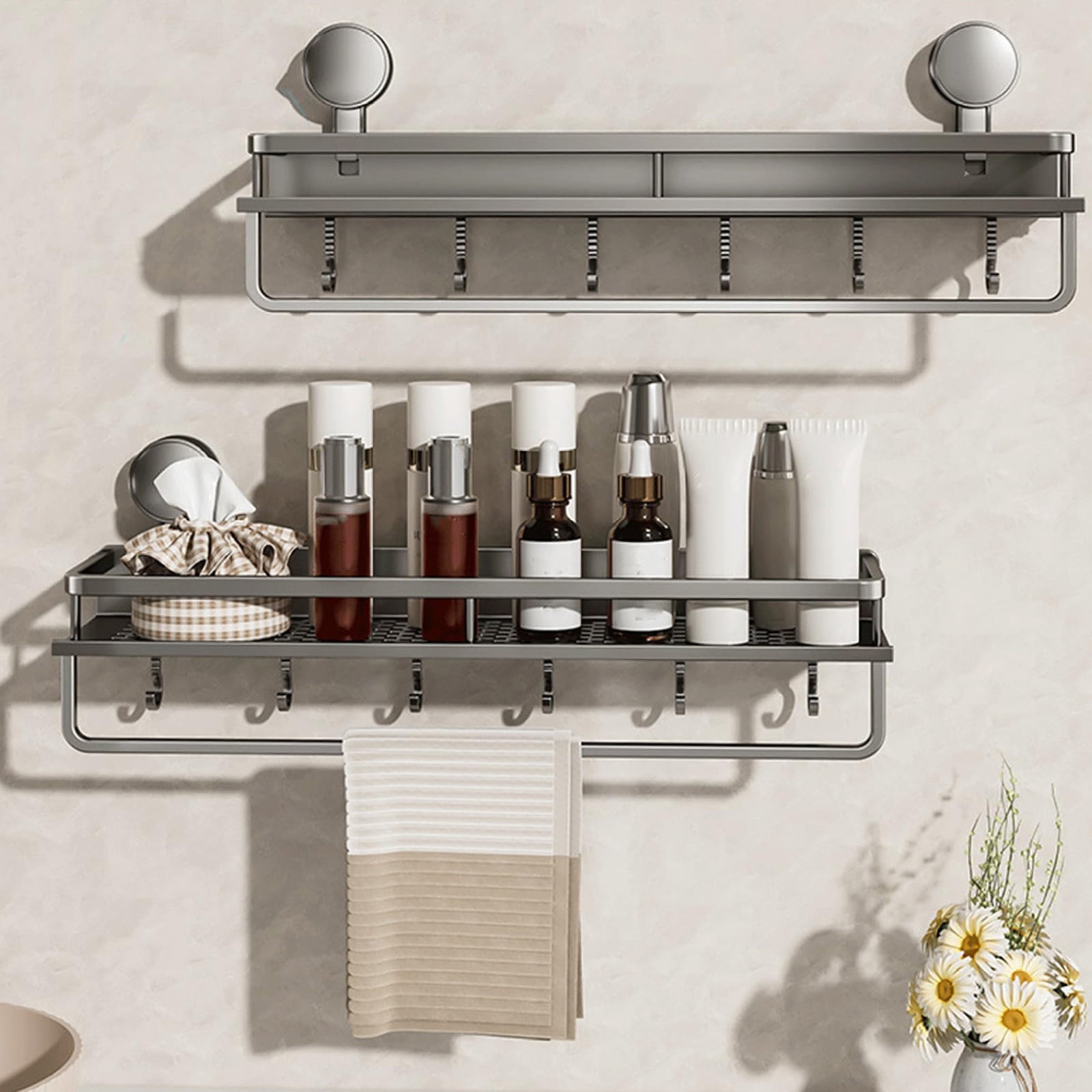 Suction Cup Shower Organizer Fast Draining Bathroom Caddy with Hooks Large Capacity Rustproof Bathroom Shelf for Shower, Bathroom, Kitchen & Rental Home Wall Mounted