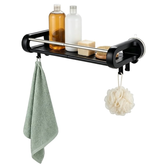 Suction Cup Shower Shelf, Removable Shower Caddy with 4 Foldable Hooks, No Drilling Bathroom Organizer, Plastic Wall Mounted Storage Rack with Metal Guard Rod for Kitchen Laundry Room