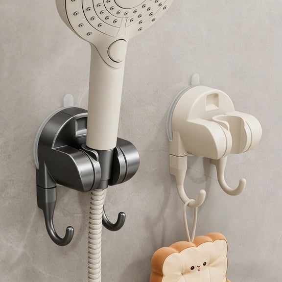 Suction Cup Showerhead Holder Adjustable Wall Mount Hook | No-Drill Vacuum Adhesion Bathroom & Kitchen Organizer | Plastic, White/Black, 3.78"x2.36"x2.13" | Movable Clip for Showerhead, Cleaning