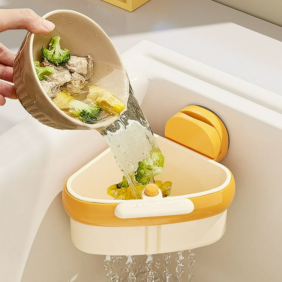 Suction Cup Sink Corner Rack with Press Dump Design, 2025 Upgraded Corner Sink Strainer & Sponge Storage Caddy for Kitchen, Bathroom, Small Spaces, Apartments