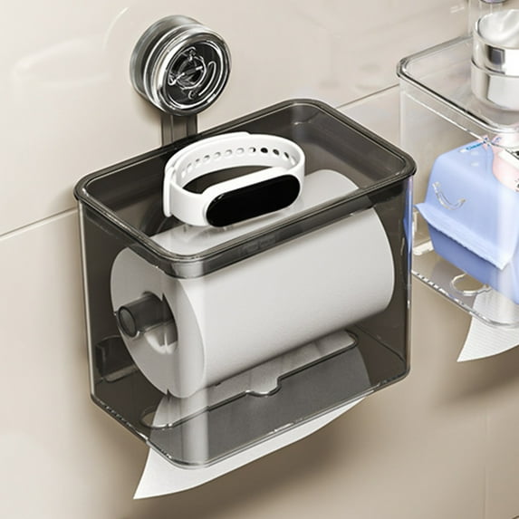 Suction Cup Toilet Paper Holder, Plastic Storage Box with No Drill Wall Mount, Clear or Gray for Bathroom Organization and Space Saving, Waterproof & Rustproof Design for Rvs, Boats, and