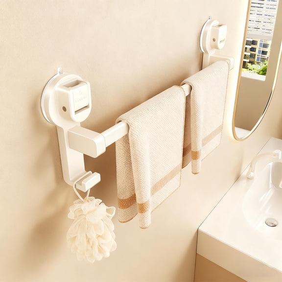 Suction Cup Towel Bar, Gaqring No-Drill Damage-Free Bathroom Rack, Strong Suction Cup Mount Metal Organizer for Kitchen Balcony Storage, White