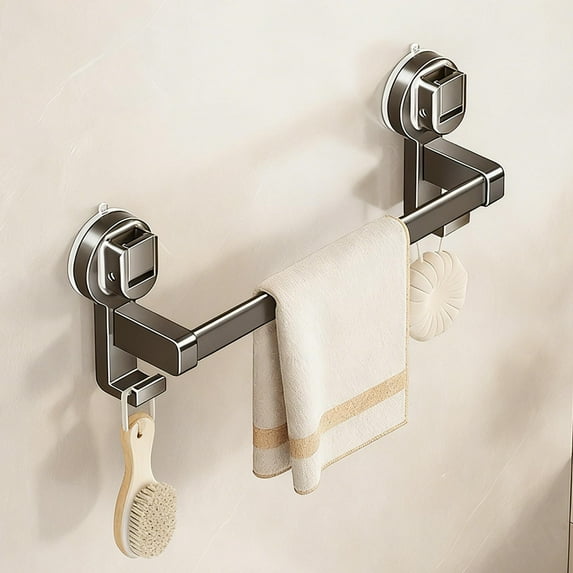 Suction Cup Towel Bar – No-Drill, Damage-Free Bathroom Organizer with Shelf & Hooks for Easy Storage