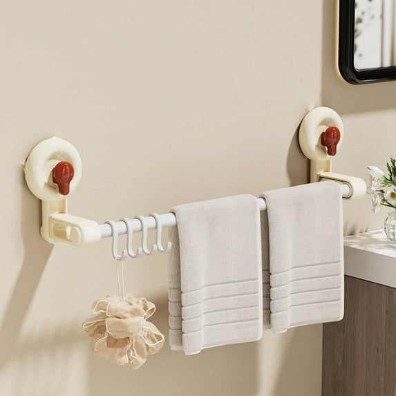 Suction Cup Towel Rack - No Drill Bathroom Storage with 4 Adjustable Hooks - 50cm ABS Plastic Rod - Red,White,Black - Fast Drying Design for Bath Towels & Washcloths