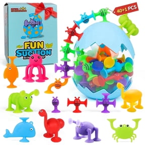 Suction Cup Toys for Toddlers, Bathtub Toys for Kids Ages 3+, 40 PCS Silicone Suction Toys with Dinosaur Eggshell Bath Toy Storage, Suit Easter Basket Toys for Baby, Birthday Gifts