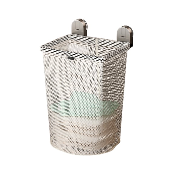 Suction Cup Wall Mount Laundry Basket, Foldable Dirty Clothes Storage, Hollow Mesh Ventilated, No Drill Easy Install, Bathroom Bedroom Organizer, Space Saving Folding Basket