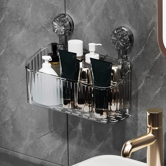 Suction Cup Wall Mounted Bathroom Storage Rack - No Drilling Clear ABS Large Capacity Basket with Drain Holes, Strong Load-Bearing, 11.3x8.1 Inch