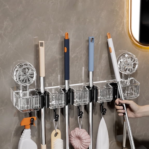 Suction Cup Wall Mounted Mop & Broom Holder with Hooks | Strong Vacuum Suction for Bathroom & Kitchen | Tool-Free Installation | Clear & Gray | 1-Piece