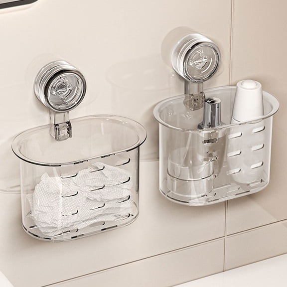 Suction Cup Wall Mounted Organizer Large Capacity - No Punch Bathroom Shower Shelf, Clear Gray Plastic Storage Box with Drain Holes for Toiletries, Kitchen, Office - Space Saving Caddy