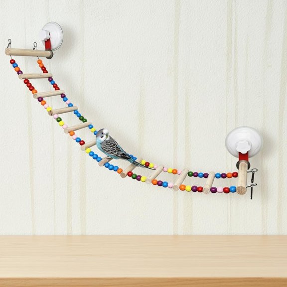 Suction Cup Wooden Bird Perch Stand, Colorful Bird Parrot Ladder Bridge for Window Bath Car, Climbing Ladder for Parrot Lovebird Parakeet Budgie