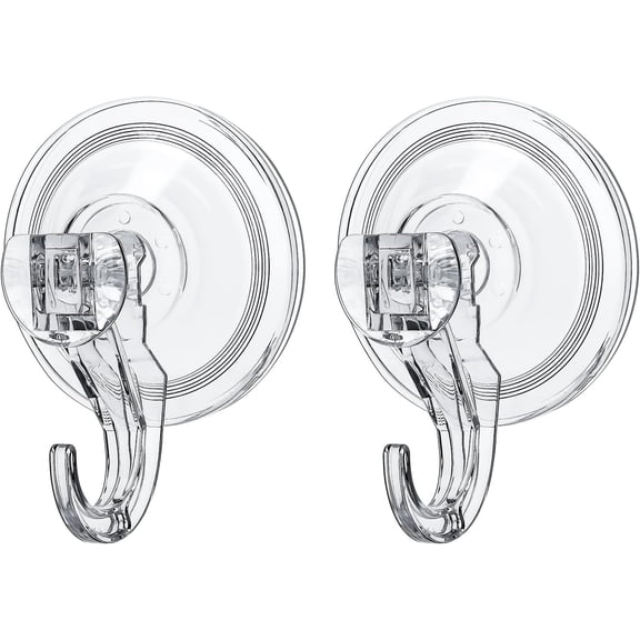 Suction Hooks 2 Packs, Clear Powerful Push and Lock Vacuum Suction Cup, Multi-Purpose Suction Shower Hooks for Front Door Window Glass Kitchen Towel Loofah Utensils