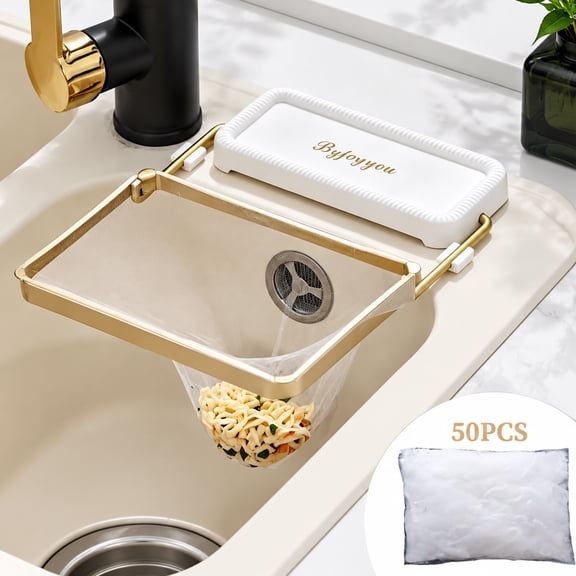 Collapsible Kitchen Sink Strainer Rack with Suction Mount, Food Scrap Holder with 50 Disposable Mesh Bags White