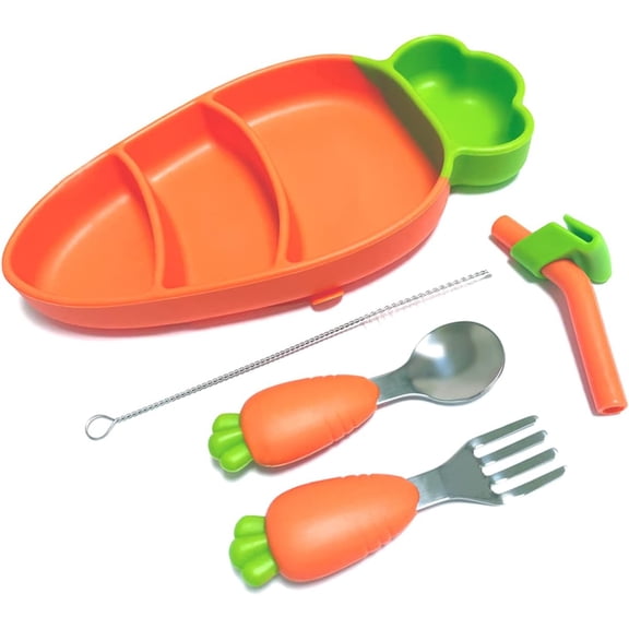 Suction Plates for Baby, Carrot Silicone Baby Plate Baby Plate with with Straw Cutter Fork,Suction, Food Grade Toddler Suction Plates, Anti-tip Silicone Baby Plates