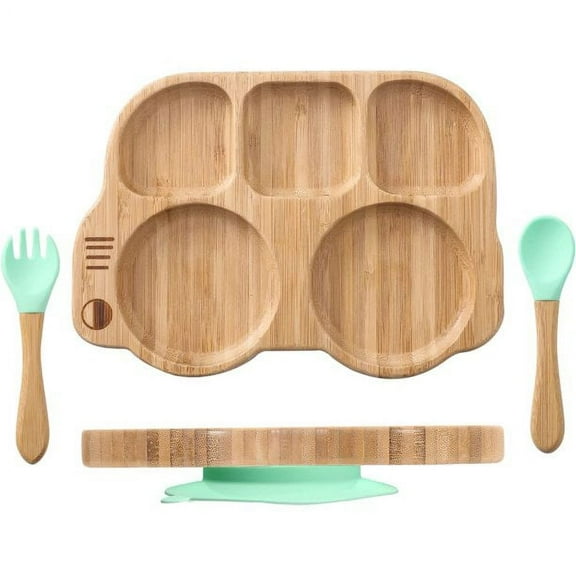 Suction Plates for Baby & Toddler, Bamboo Divided Platter Feeding Dishes with Silicone Fork& Spoon, All-Natural Baby Food Plate Stays for Baby-Led Weaning, Non-Slip Design
