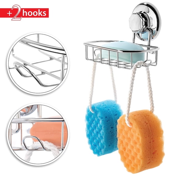 Suction Soap Dish with Hooks - Super Powerful Vacuum Suction Cup Shower Soap Holder - Rustproof Stainless Steel SS304 Soap Basket - Sponge Holder for Bathroom & Kitchen (Black)