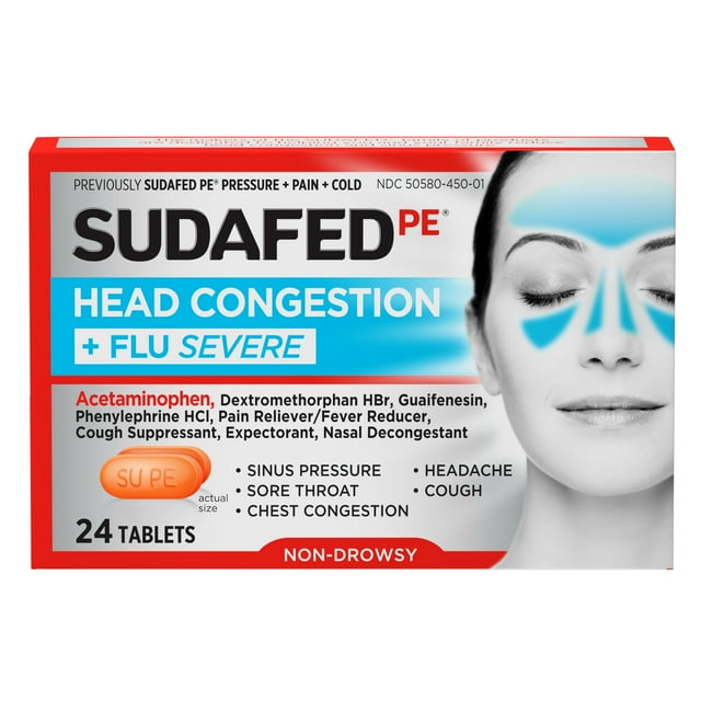 Sudafed PE Head Congestion + Flu Severe Decongestant Tablets for Adults