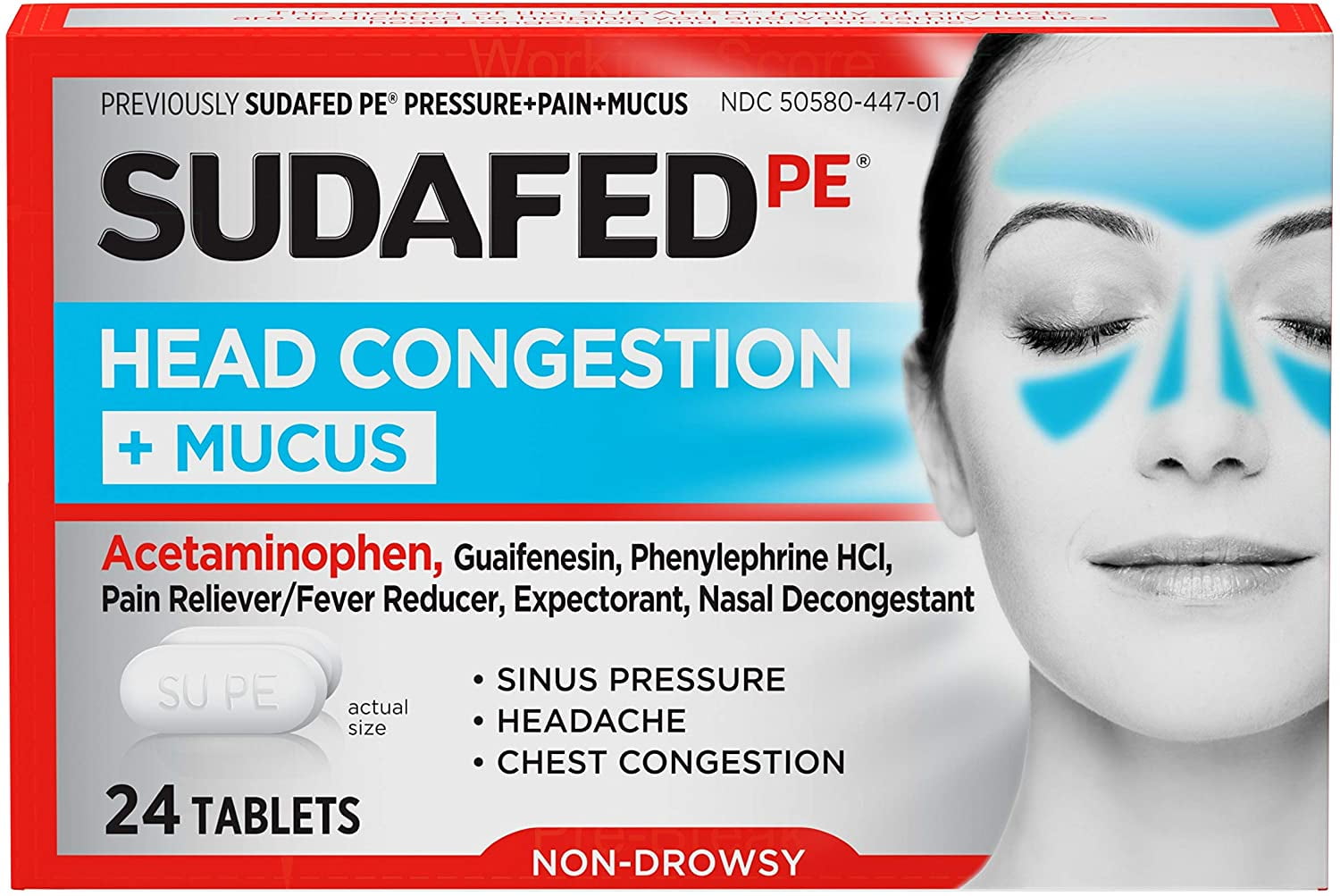 Sudafed PE Head Congestion + Mucus Acetaminophen Tablets, 24 Ct