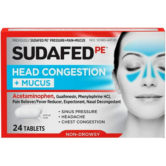 Sudafed PE Head Congestion + Mucus Acetaminophen Tablets, 24 Ct