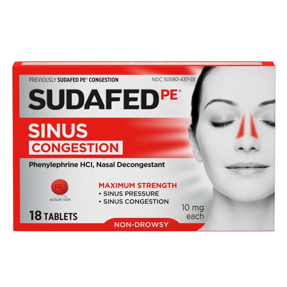 Sudafed PE Max Strength Non-Drowsy Sinus Decongestant Tablets, 18 Count