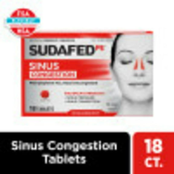 Sudafed PE Max Strength Non-Drowsy Sinus Decongestant Tablets, 18 Count