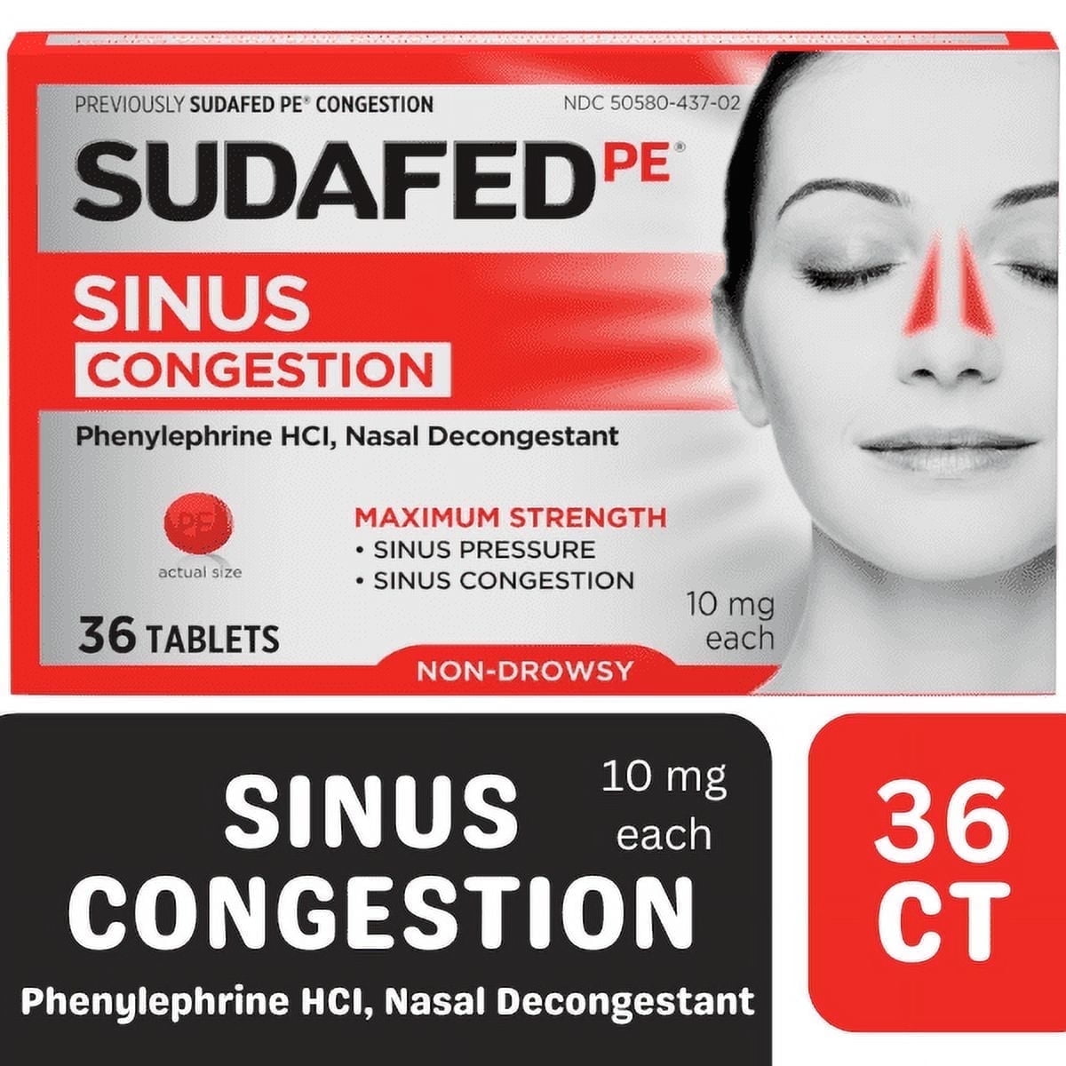 Sudafed PE Maximum Strength Non-Drowsy Sinus Decongestant, 36 Ct