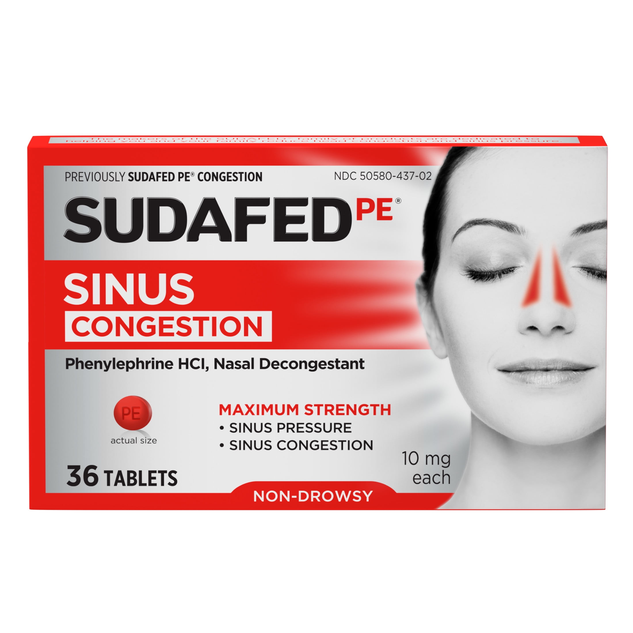 Sudafed PE Max Strength Non-Drowsy Sinus Decongestant Tablets, 36 Ct