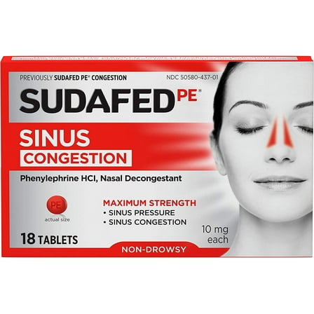 Sudafed PE Sinus Congestion Maximum Strength Non-Drowsy Decongestant Tablets, 18 ct