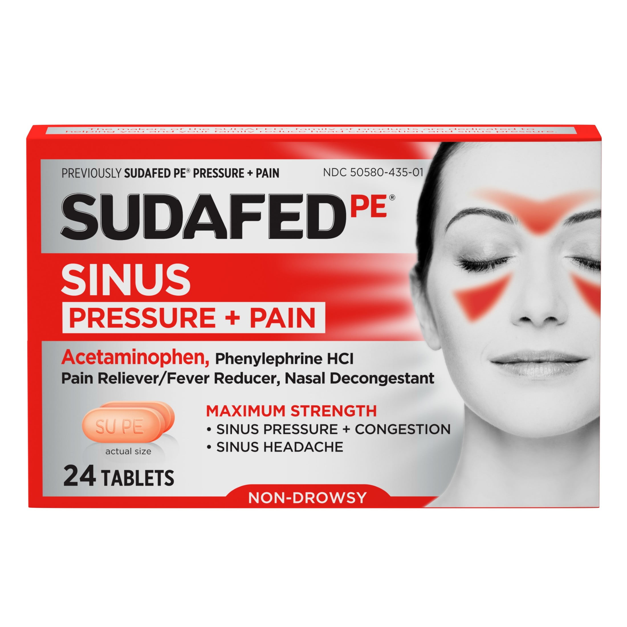 Sudafed PE Sinus Pressure + Pain Relief Decongestant Tablets, 24 Ct