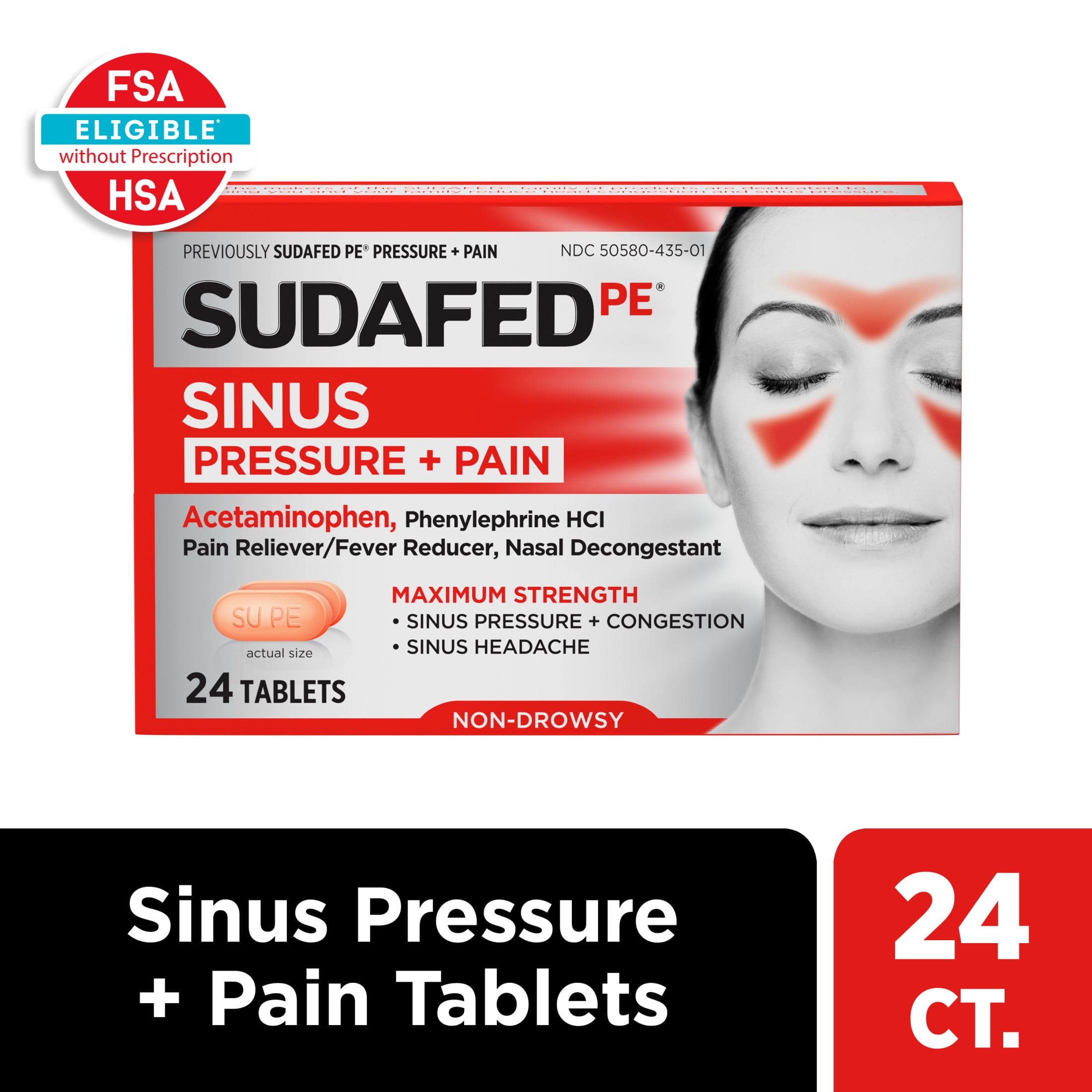 Sudafed PE Sinus Pressure + Pain Relief Decongestant Tablets, 24 Ct