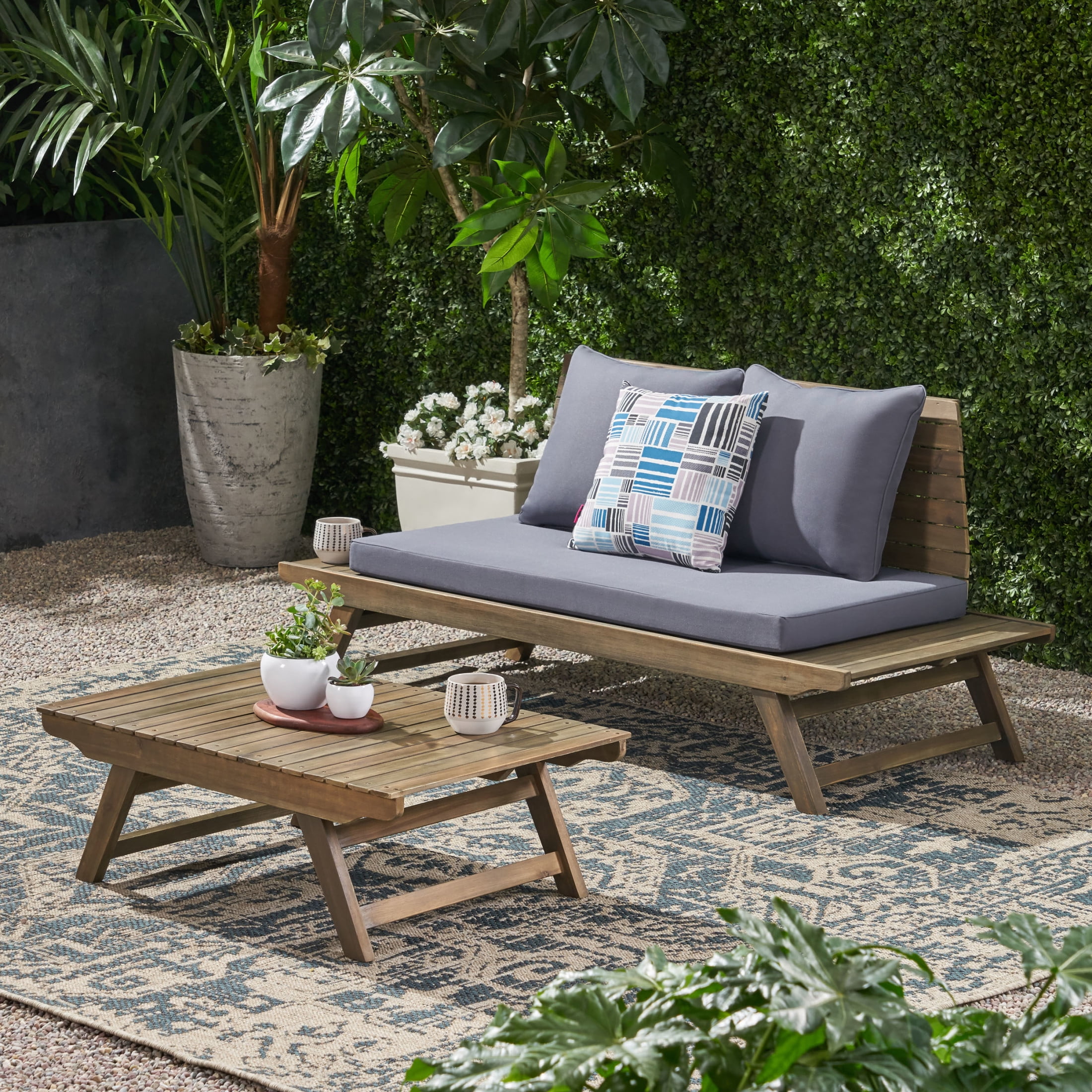 Sudbury Outdoor Outdoor Acacia Wood Loveseat and Coffee Table Set with Cushions, Gray/Dark Gray