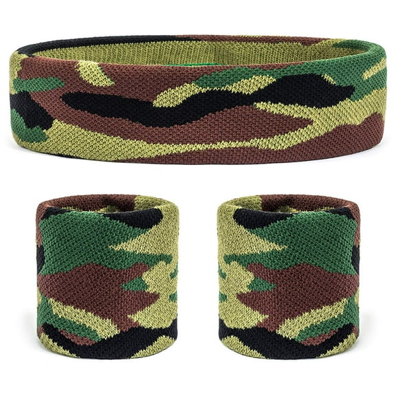 Suddora Cotton Terry Cloth Sweatband Set with 1 Headband and 2 Wristbands, Green Camo