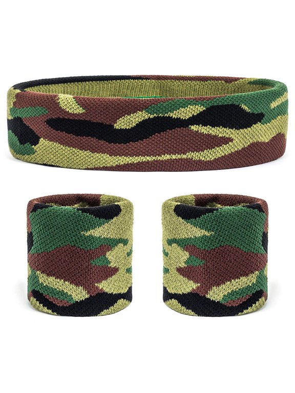 Cotton Terry Cloth Sweatband Set with 1 Headband and 2 Wristbands, Green Camo