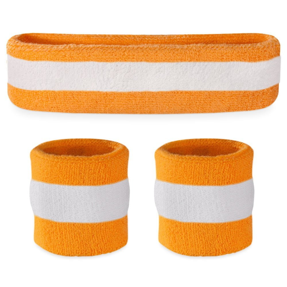 Orange Set Cloth Terry Sweatband Orange 2 Wristbands, and 1 Cotton with Headband White Suddora