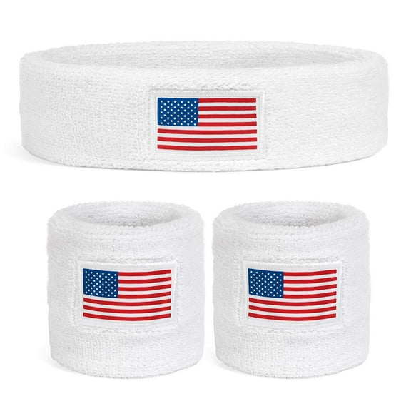 Suddora Cotton Terry Cloth Sweatband Set with 1 Headband and 2 Wristbands, USA Flag