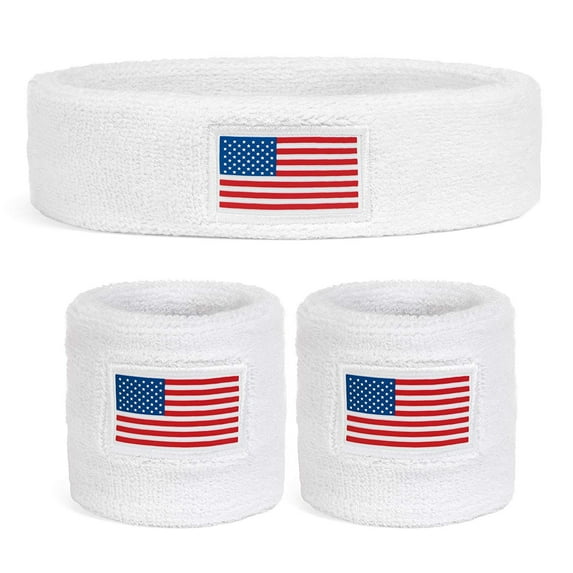 Suddora Cotton Terry Cloth Sweatband Set with 1 Headband and 2 Wristbands, USA Flag