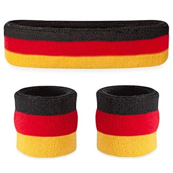 Suddora Striped Sweatband Set - (1 Headband and 2 Wristbands) Cotton for Sports (Black Red Yellow)