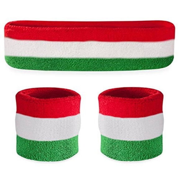 Suddora Striped Sweatband Set - (1 Headband and 2 Wristbands) Cotton for Sports & More. (Red White Green)