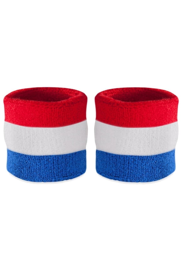Striped Wrist Sweatbands - Athletic Cotton Terry Cloth Wristbands for Sports (Pair) (Red White & Blue)