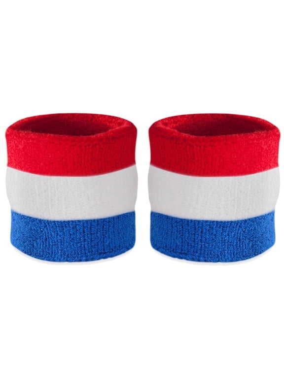 Striped Wrist Sweatbands - Athletic Cotton Terry Cloth Wristbands for Sports (Pair) (Red White & Blue)
